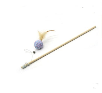 Handmade wooden cat stick toy with hemp feather rope and bell for playful cats