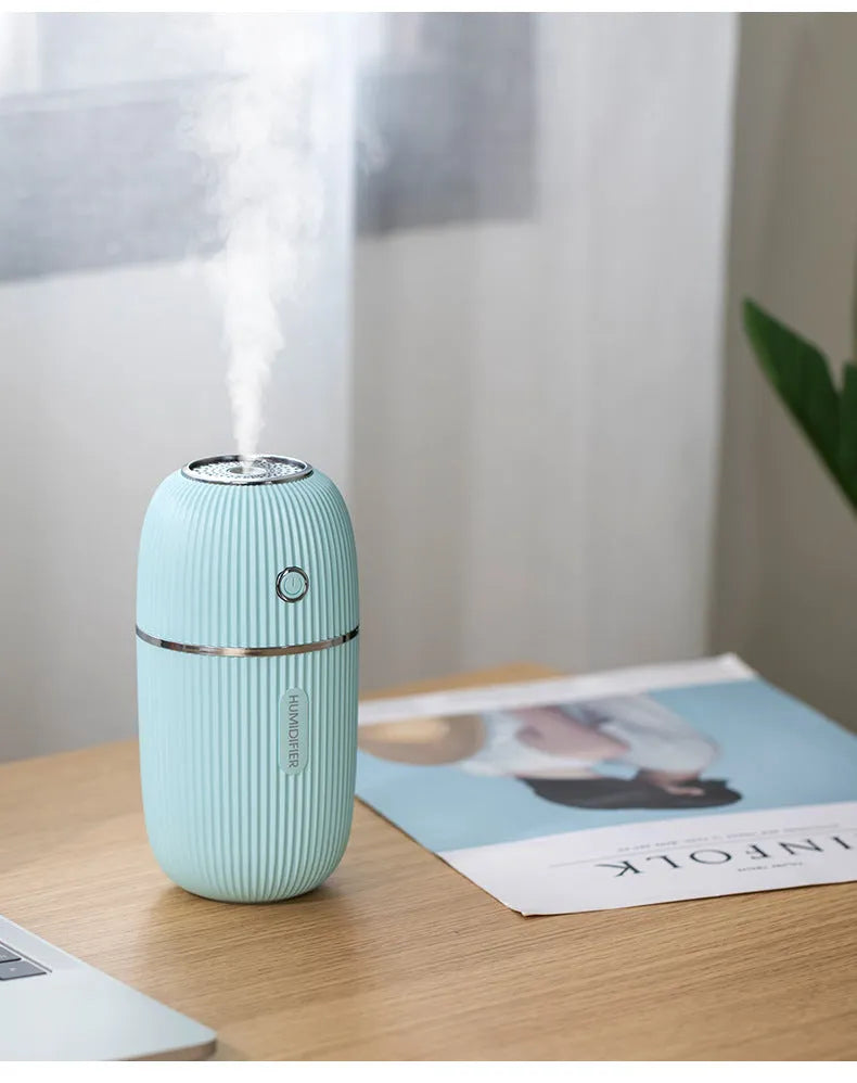 300ml USB ultrasonic mini humidifier with coloured LED lights in white on a desk