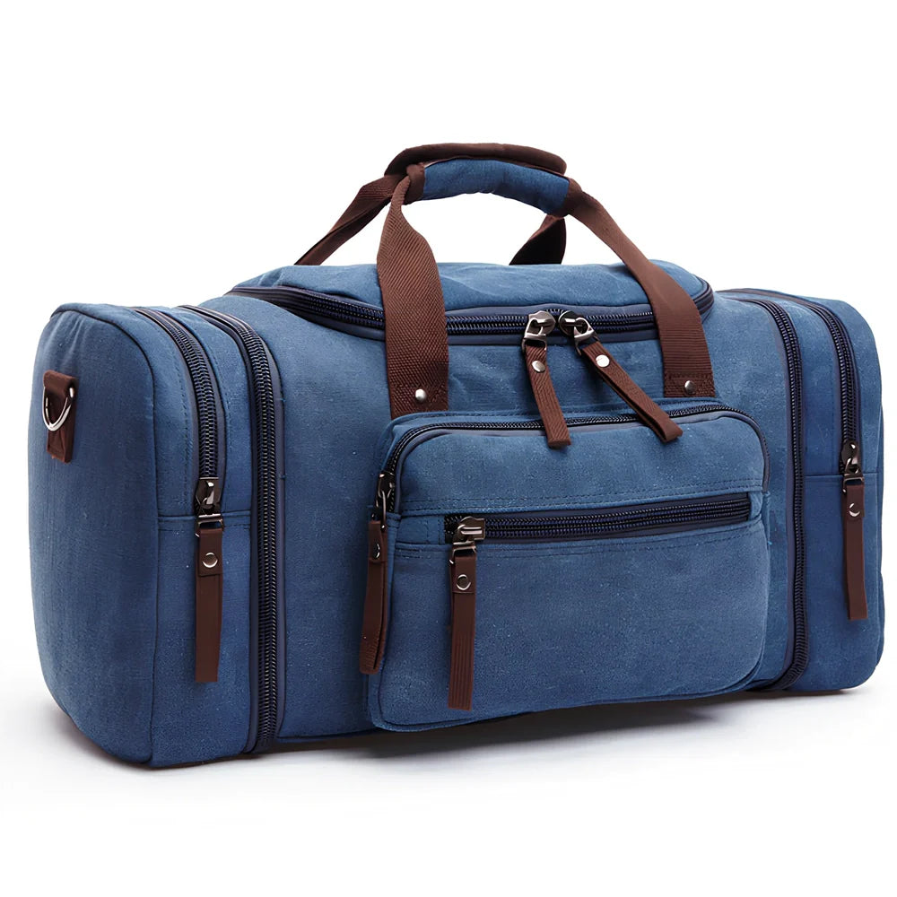 Men's canvas travel bag in army green with waterproof breathable canvas, soft handle, and cotton lining for dry travel packing