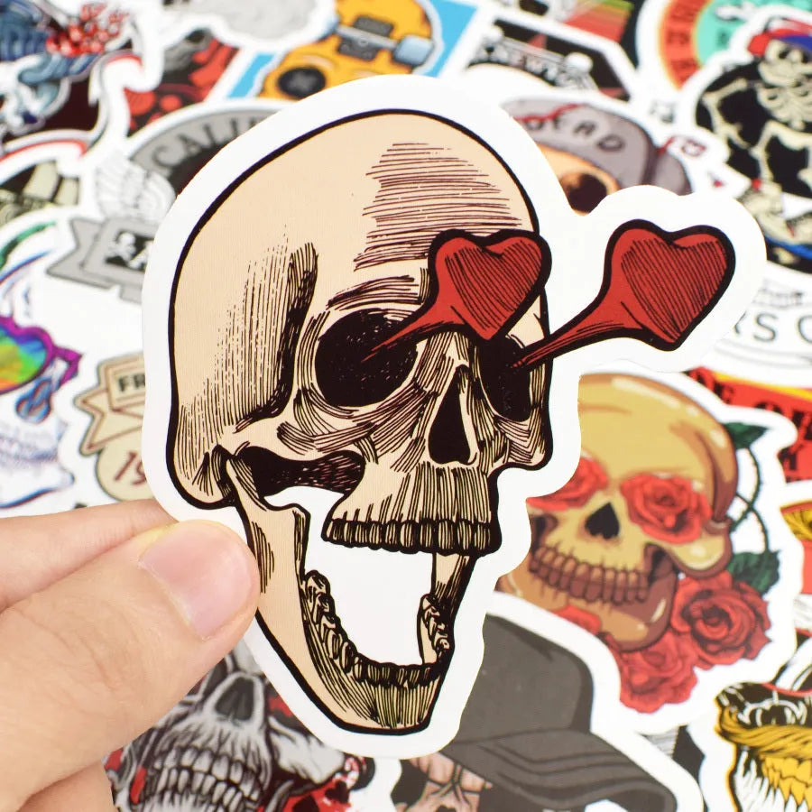 Skull head doodle sticker set of 50, PVC, waterproof, die-cut, multi-colour on white background