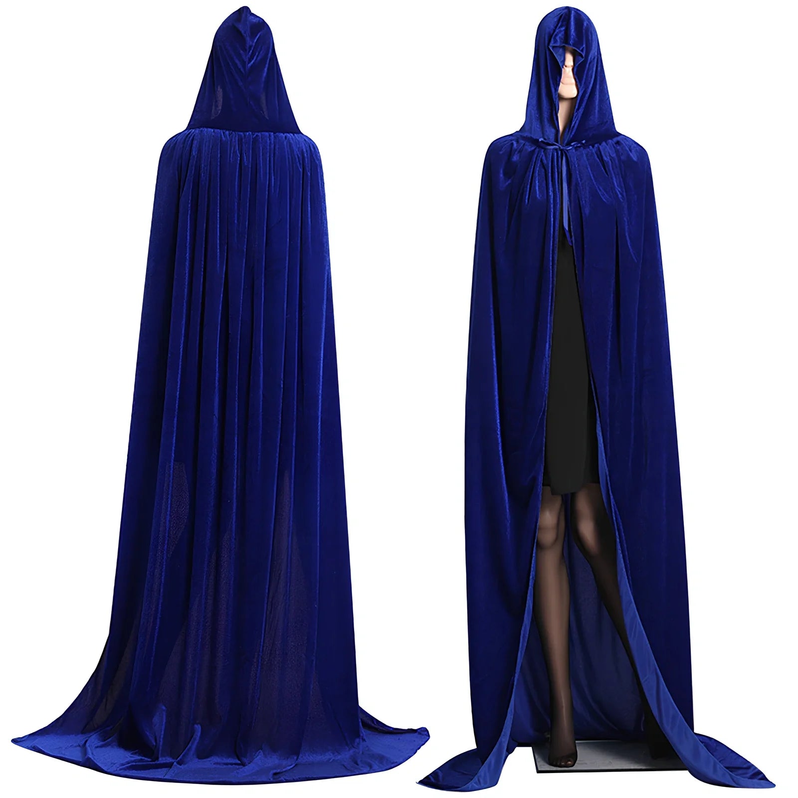 Golden velvet Halloween cloak in purple, 130 cm length with 48 cm hood and neck tie for wizard cosplay