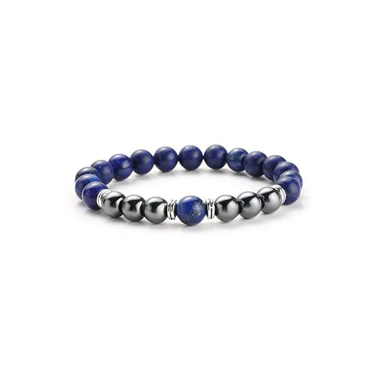 Handmade tigereye hematite unisex stone bracelet with silver-strip finish on a white background