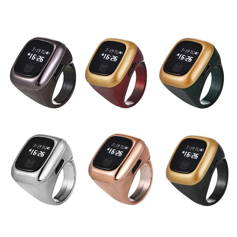Al-fatiha Zikr electronic counter on wrist showing digital display, available in black, rose gold, silver, wine red, green.