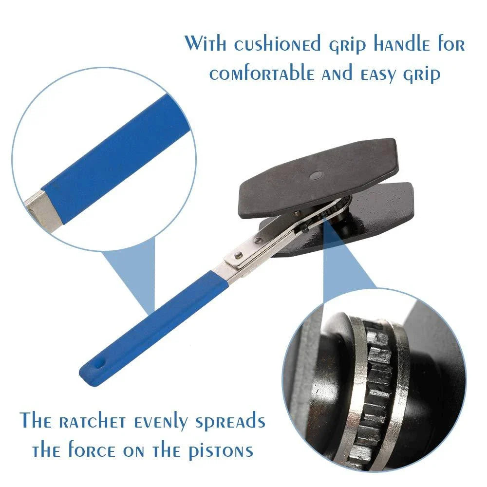 Stainless steel brake caliper press tool with ratchet mechanism for easy piston retraction