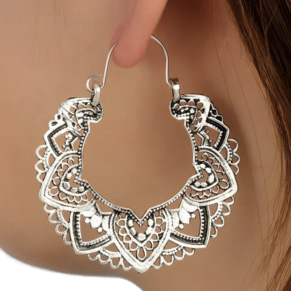 Pair of bohemian ethnic alloy earrings with 5cm geometric plated design for women's fashion
