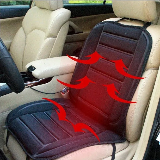 Black car heating cushion with elastic straps on a car seat, 97x47x1cm