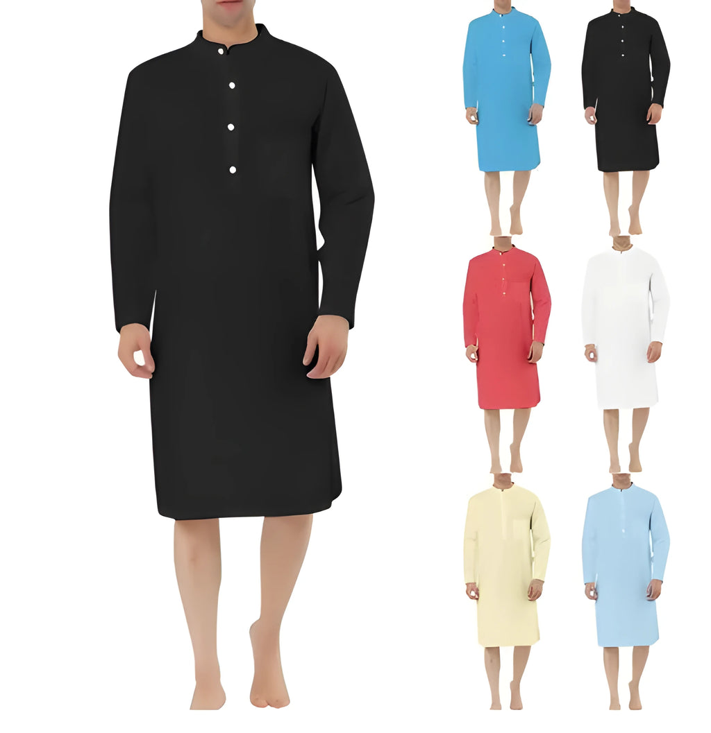 Men's simple cotton shirt robe with a front pocket, shown in a choice of colours
