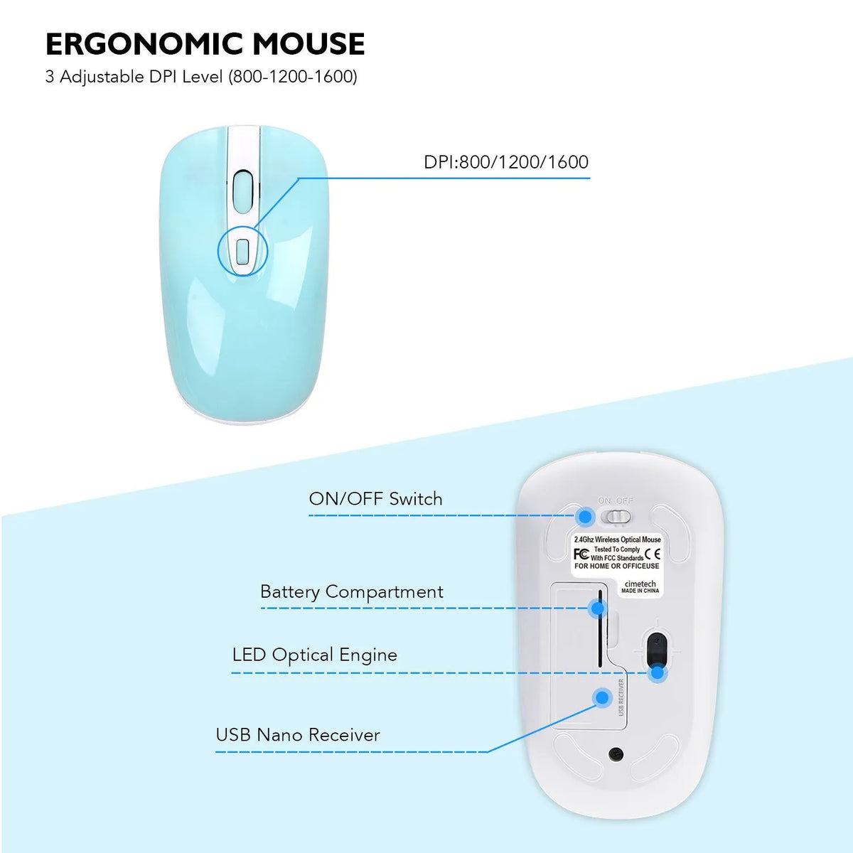 Fashion wireless keyboard and mouse set in blue, full-size layout with numeric keypad and 2.4G nano receiver