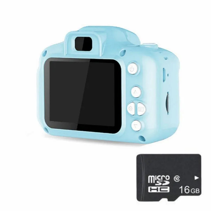 Children's HD digital waterproof camera with 2.3 inch LCD screen in blue, showing front view with lens