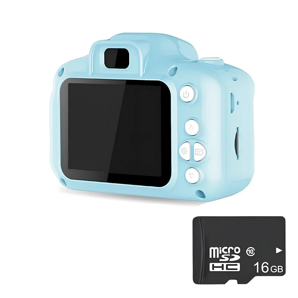 Blue children's HD digital waterproof camera, 80x60mm size, 2.3-inch screen, 65g weight for kids' outdoor photography