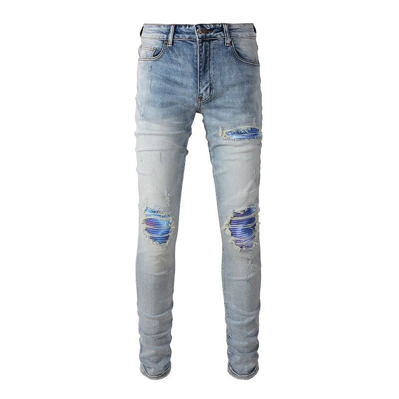 Distressed cat beard patch ripped stretch denim jeans for youth, mid rise, straight leg, cotton, sizes 28 to 40