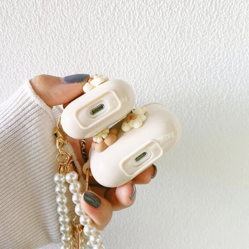 Rice White Bear TPU silicone protective shell for AirPods case with pearl chain