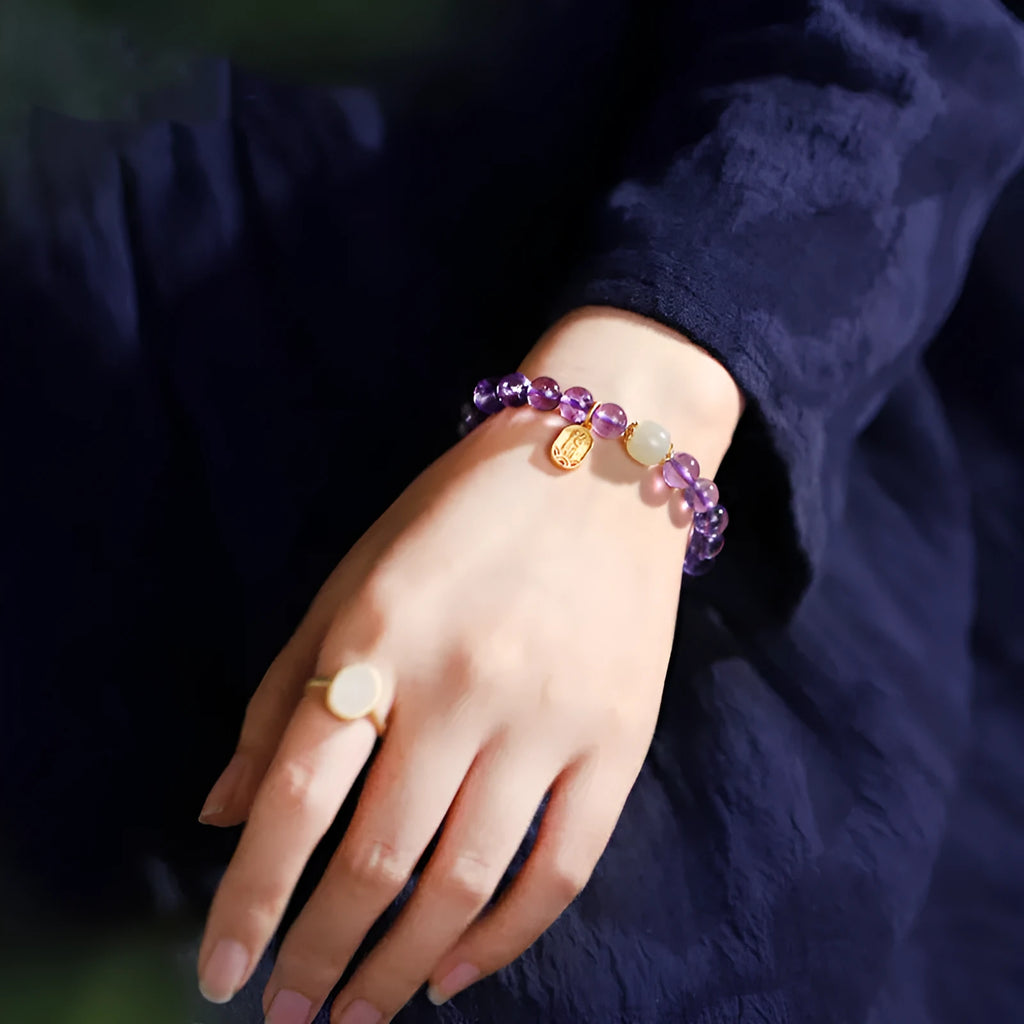Women's amethyst crystal bracelet with 8mm geometric beads and national style design elements