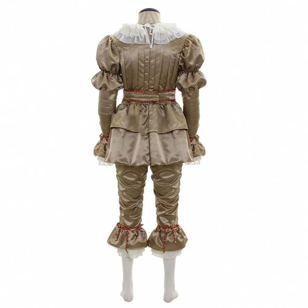 Women's gold satin and chiffon Halloween clown costume set with accessories on model