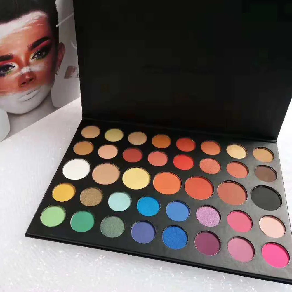 39-colour earth tone eyeshadow palette showing pearlescent and matte finishes in compact with mirror