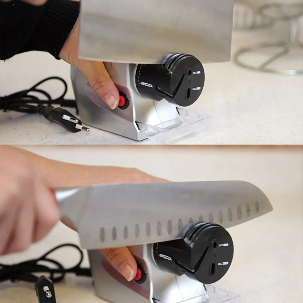 Plug-in power electric knife sharpener with emery grindstone, ABS body, gold accents, and compact 19 x 16.6 x 6.3 cm size for multifunctional sharpening