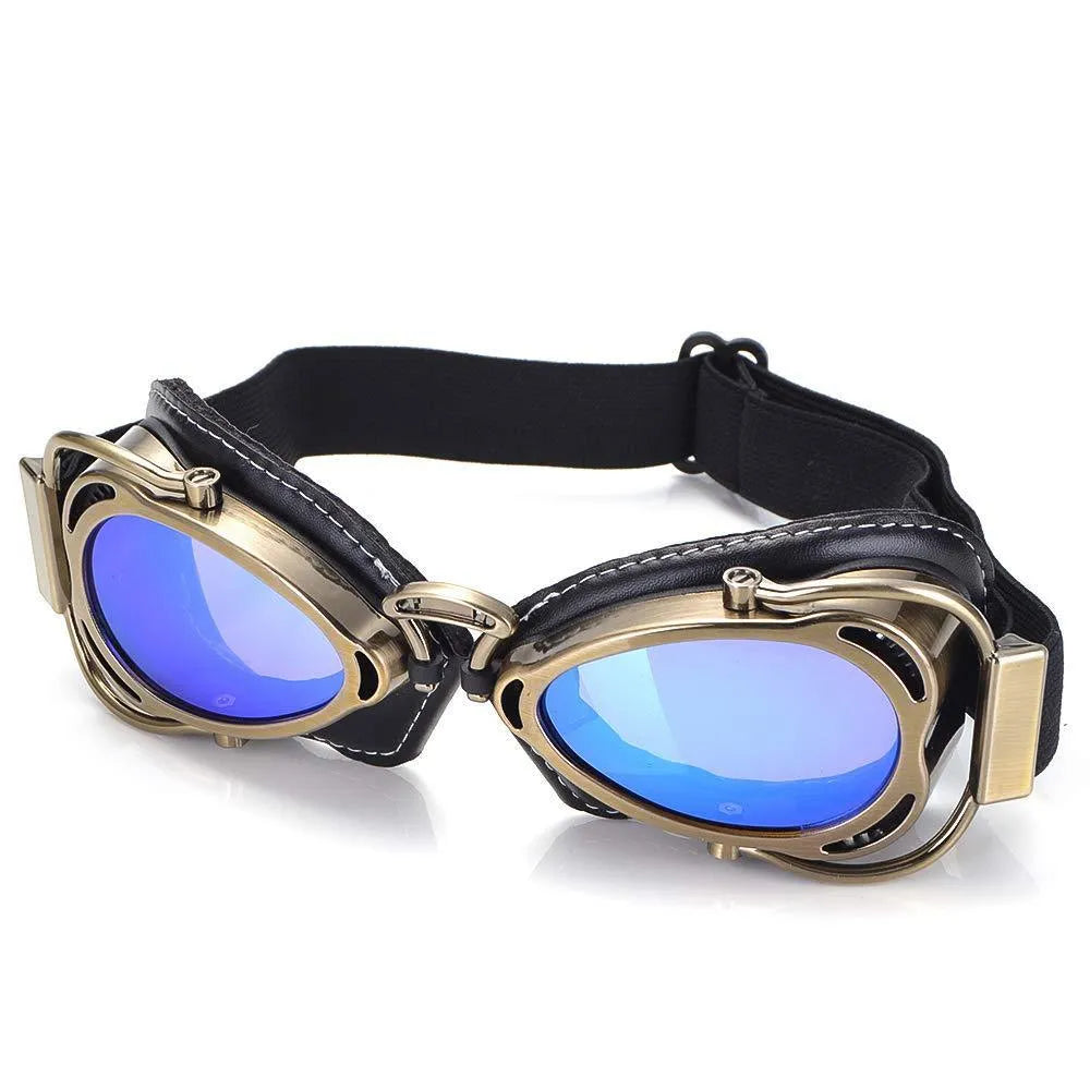 Motorcycle retro pilot hat wind-proof goggles with REVO blue lens and black PU frame