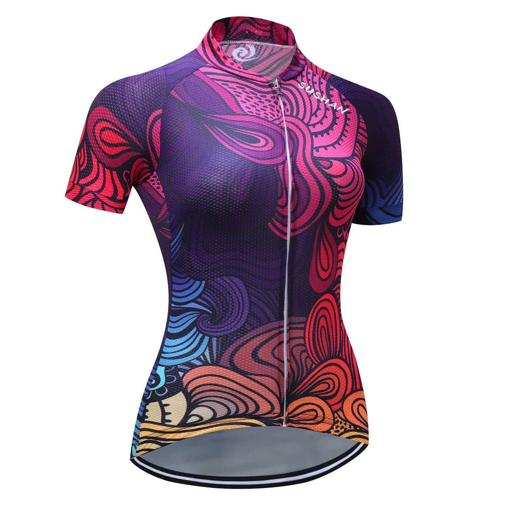 Purple mountain bike set made from pineapple fabric with moisture wicking and breathable properties