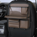 Waterproof leather car seat lazyback storage bag with foldable dining table, shown in black.