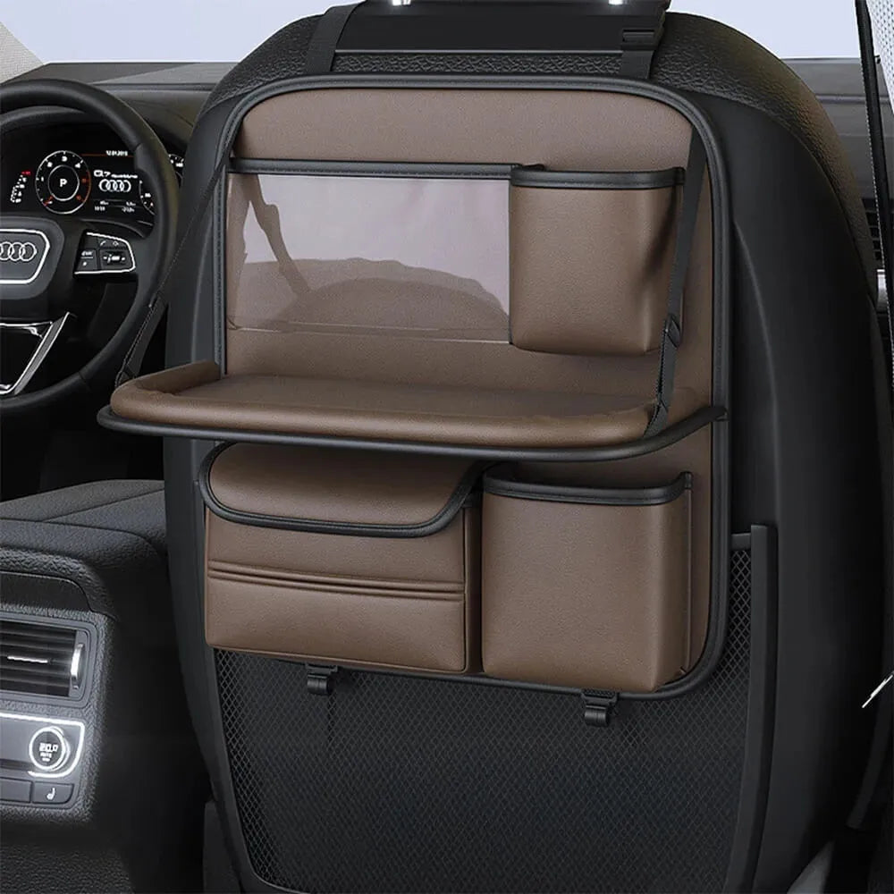 Waterproof leather car seat lazyback storage bag with foldable dining table, shown in black.