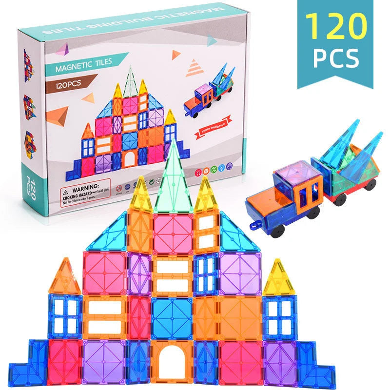 Brightly coloured magnetic tiles building blocks for creative construction and learning