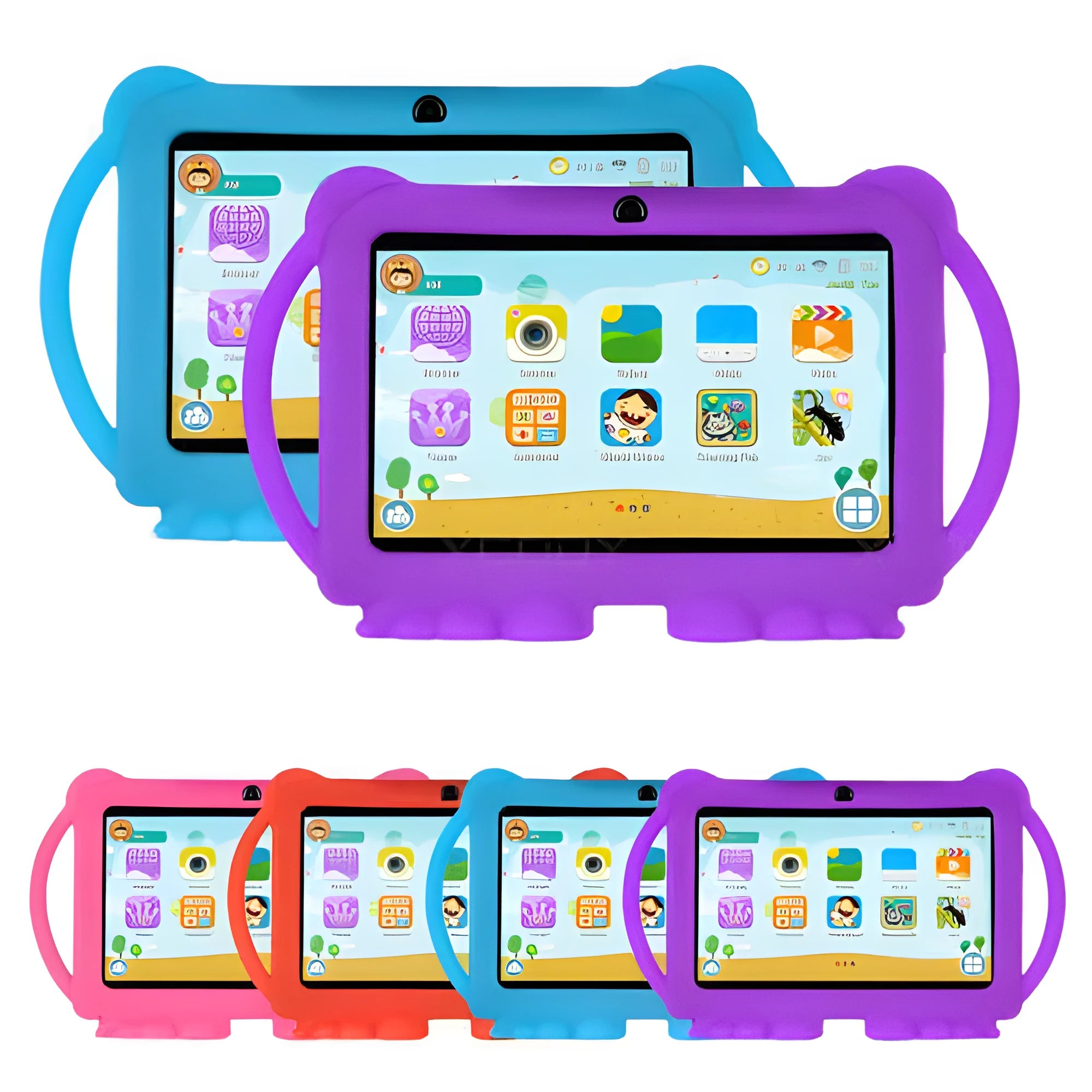 Children's smart tablet with 7-inch screen, plastic body, blue colour, front camera visible, on white background