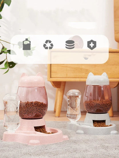 Automatic pet feeder and waterer with gravity design in grey, blue, and pink