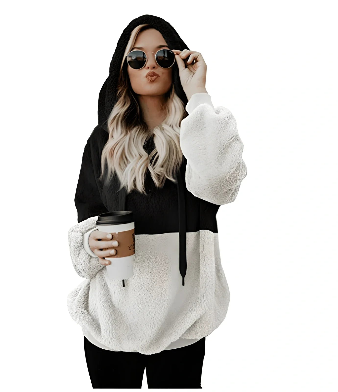Women's casual plush hooded sweatshirt in dark grey with zipper, drawstring hood, and patchwork stitching, loose fit for autumn winter