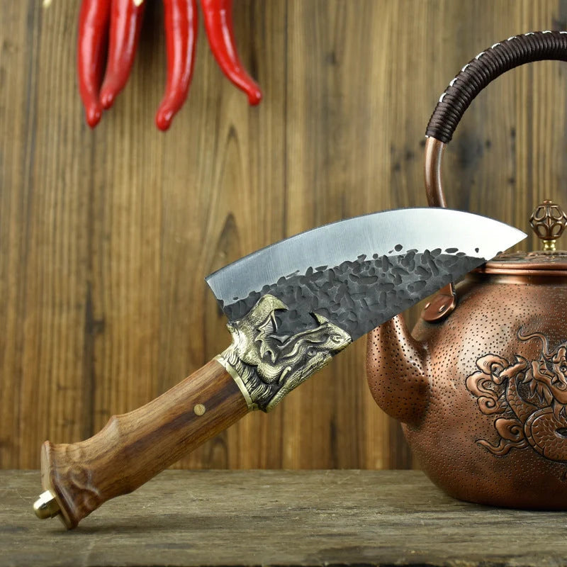 Hand-forged slicing knife with rosewood handle and leather case