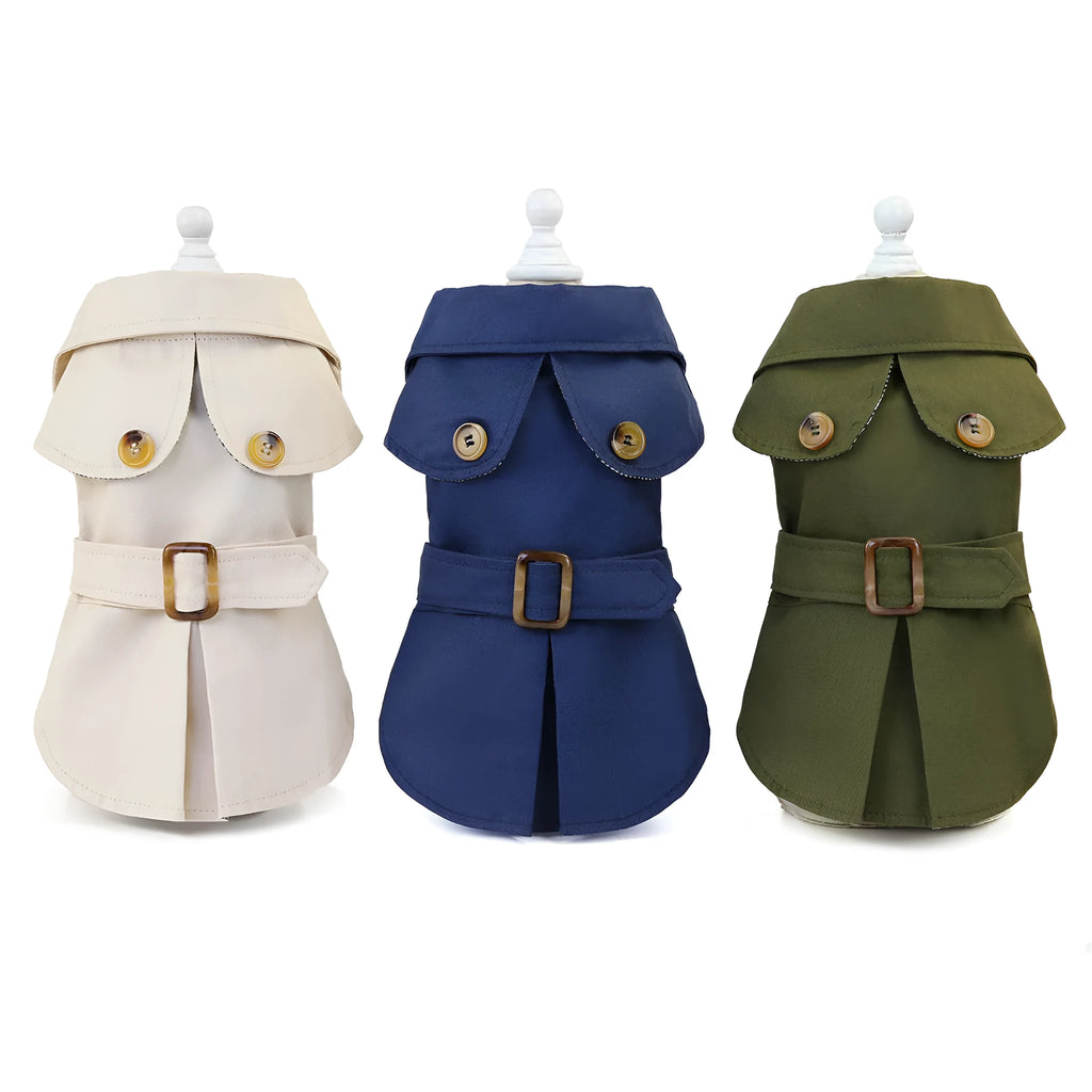 Pet dog coat in khaki polyester two-legged style side view with back length measurement visible