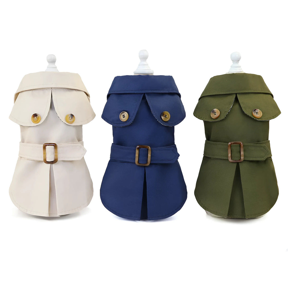 Pet dog coat in khaki polyester two-legged style side view with back length measurement visible
