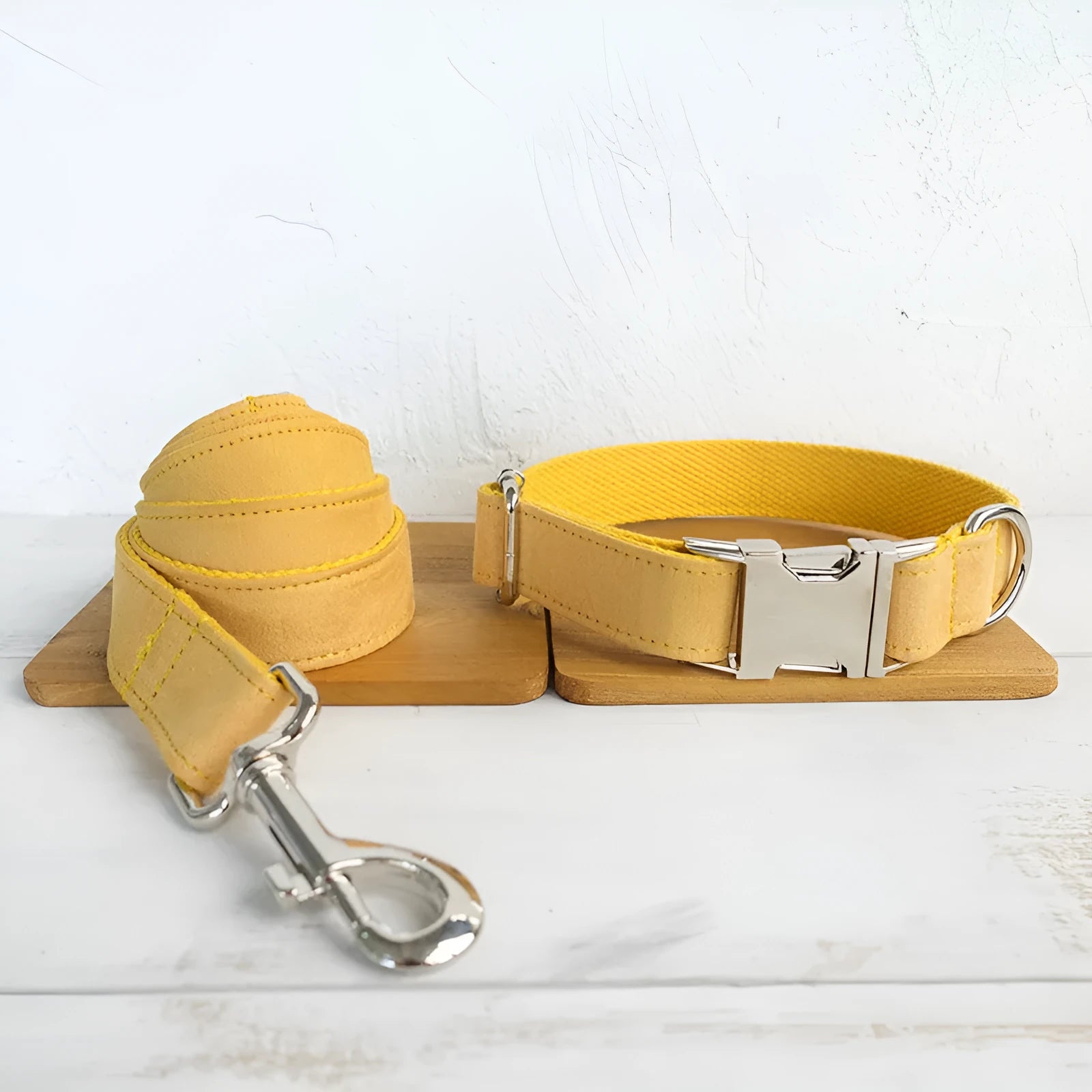 Yellow velvet polyester adjustable dog collar on white background showing five sizes XS to XL with neck measurement chart
