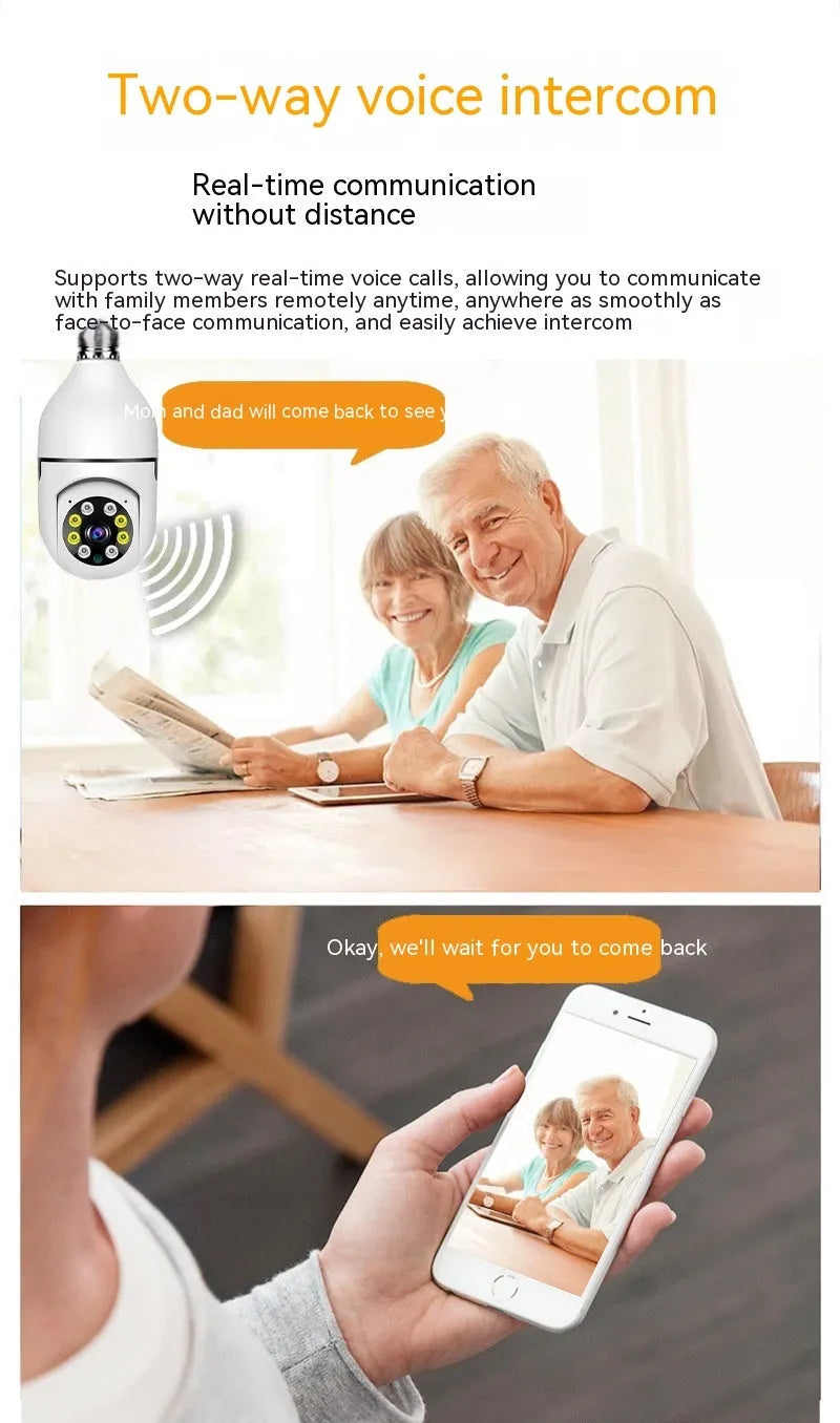 Wireless wifi bulb camera with 1080p resolution and full colour night vision measuring 5x12cm