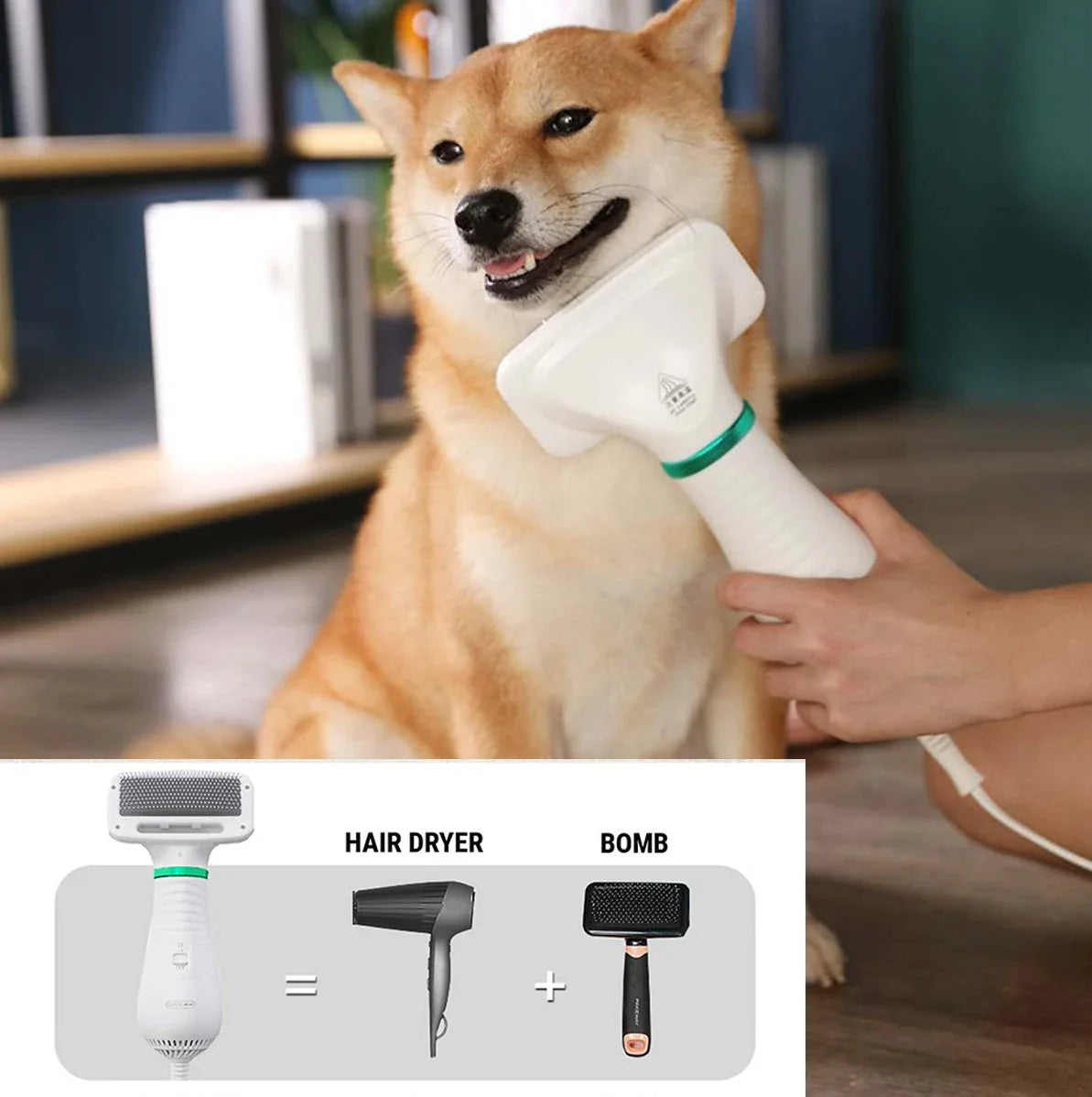 2-in-1 pet drying brush and hair dryer comb with adjustable heads for efficient grooming