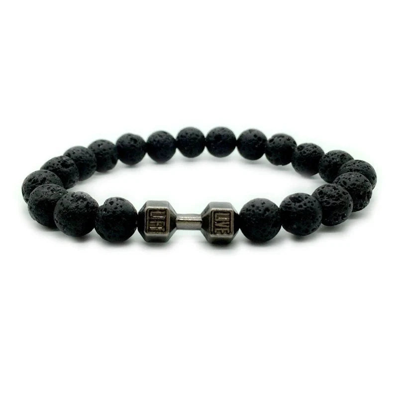 Men's fitness fashion bracelet with alloy metal barbell and lava rock stone beads