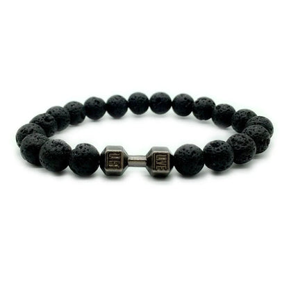 Men's fitness fashion bracelet with alloy metal barbell and lava rock stone beads