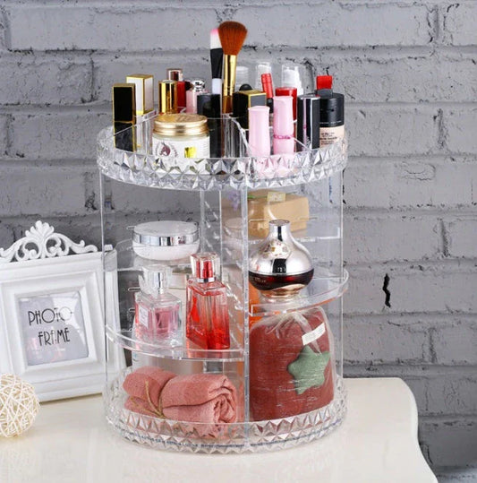 Diamond wave 360 Rotating Makeup Organizer with customizable shelves on a vanity