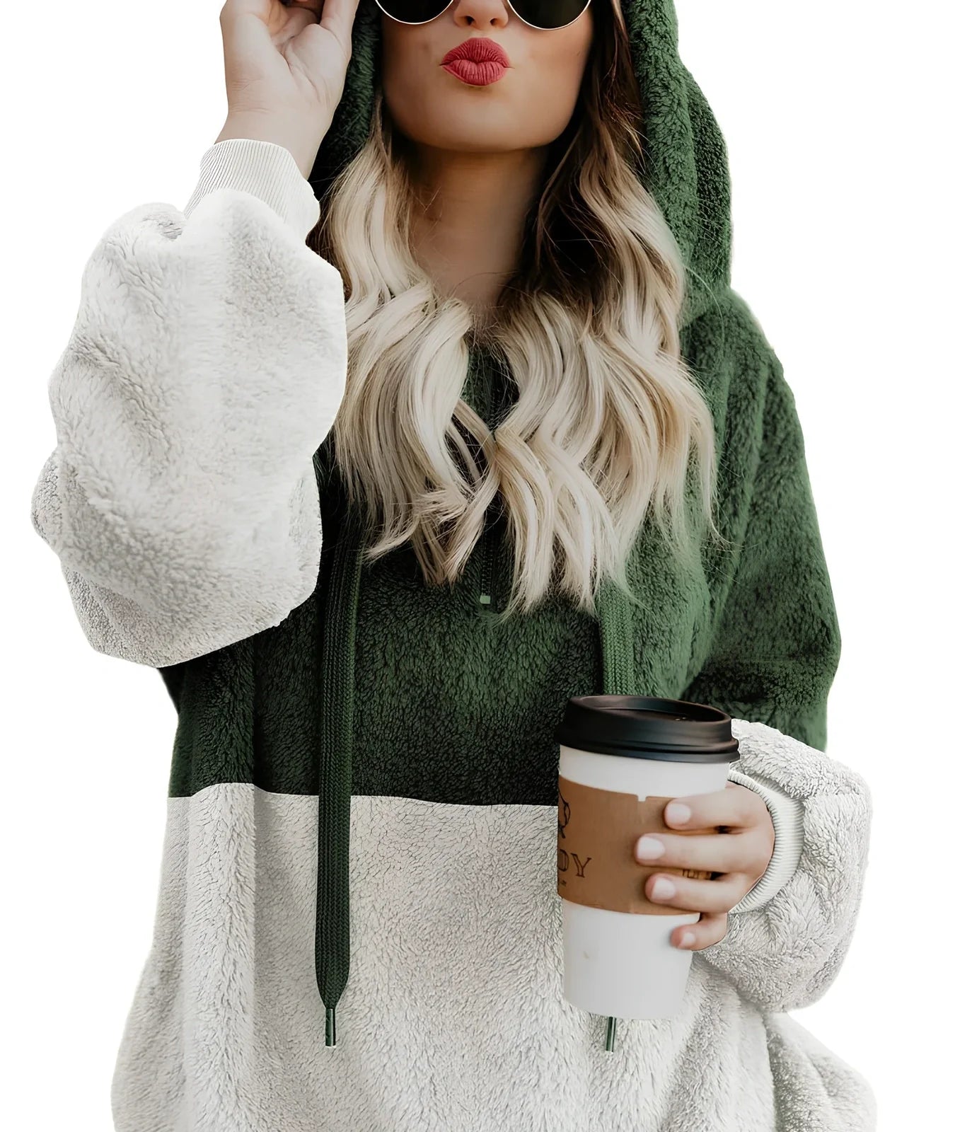 Women's casual plush hooded sweatshirt in dark grey with zipper, drawstring hood, and patchwork stitching, loose fit for autumn winter