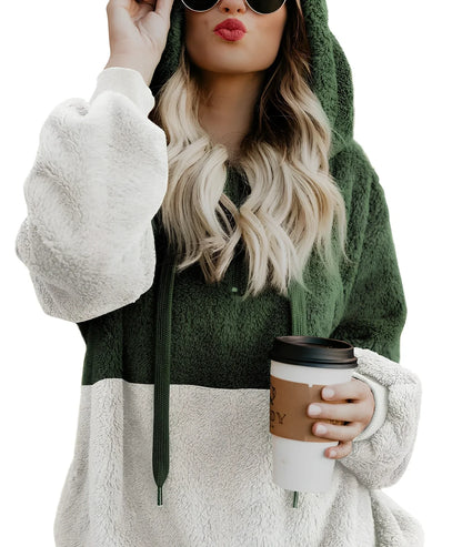 Women's casual plush hooded sweatshirt in dark grey with zipper, drawstring hood, and patchwork stitching, loose fit for autumn winter