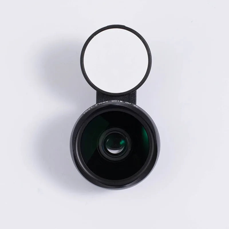 External smartphone camera lens with wide-angle capability and colourful LED lights attached to mobile phone