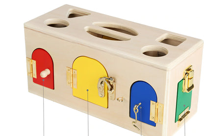 Wooden educational shape sorting box with 12 geometric pieces for preschool children