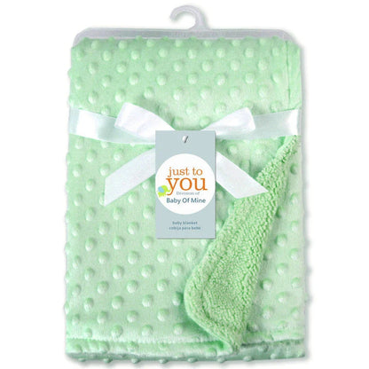 Soft and cozy baby blanket in various colors, including white, blue, gray, purple, green, and pink, with a plush, short-pile fabric and luxurious lamb velvet backing