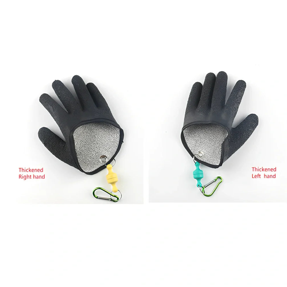 Purple anti-slip fishing gloves with latex coating and magnetic clip for puncture protection in left or right hand, 25cm length