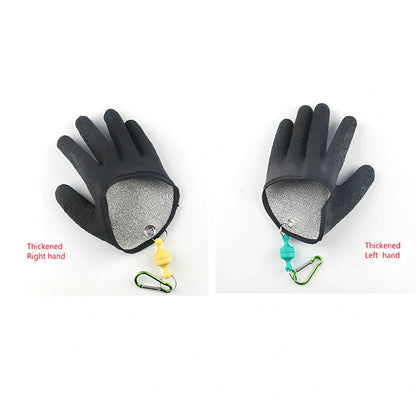 Purple anti-slip fishing gloves with latex coating and magnetic clip for puncture protection in left or right hand, 25cm length