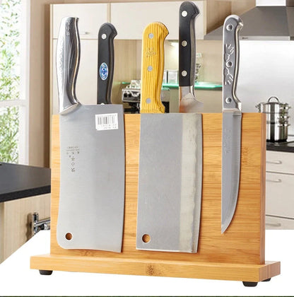 Bamboo magnetic knife holder for kitchen with large capacity and wood colour finish
