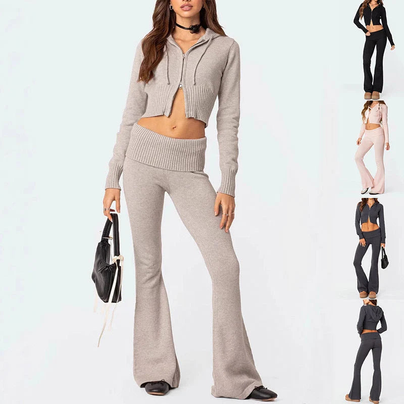 Women's knitted hooded suit with zipper cropped top and slim flared pants in street fashion style
