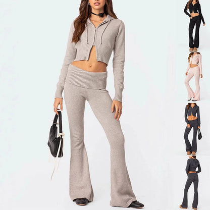 Women's knitted hooded suit with zipper cropped top and slim flared pants in street fashion style