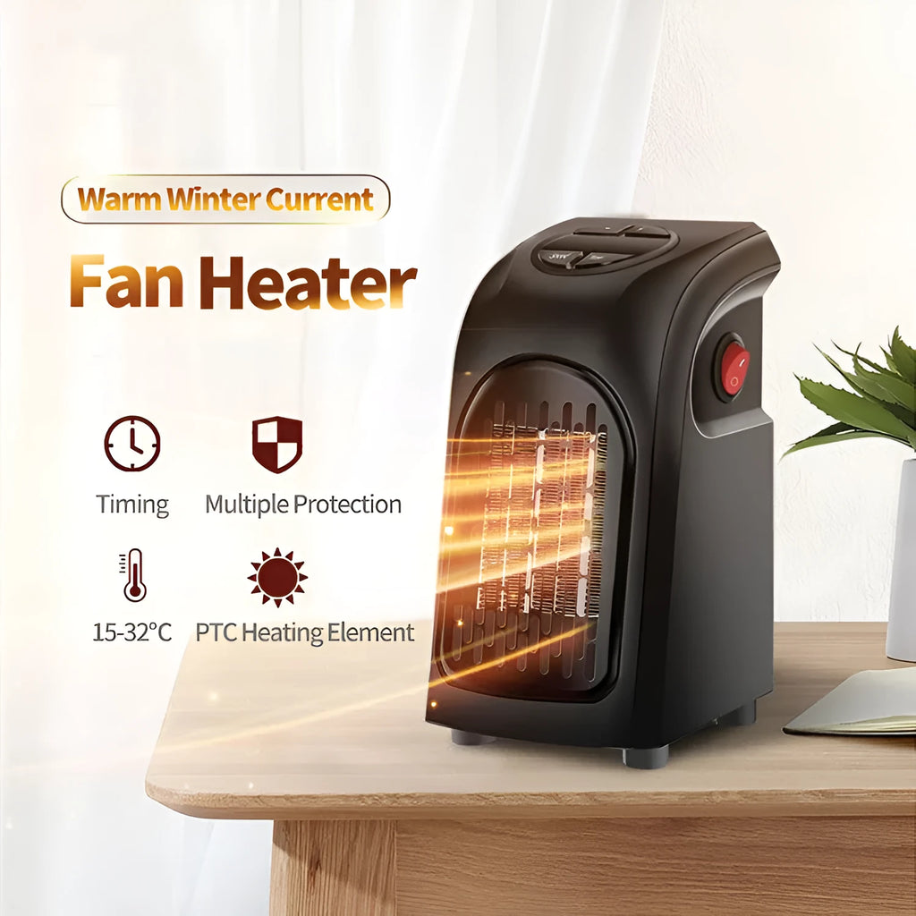 Compact black ceramic fan heater with rotatable EU plug on a desk