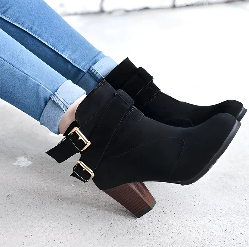 Women's suede ankle boots in beige with 6-8cm heel, side zipper, and rubber sole for warm casual wear