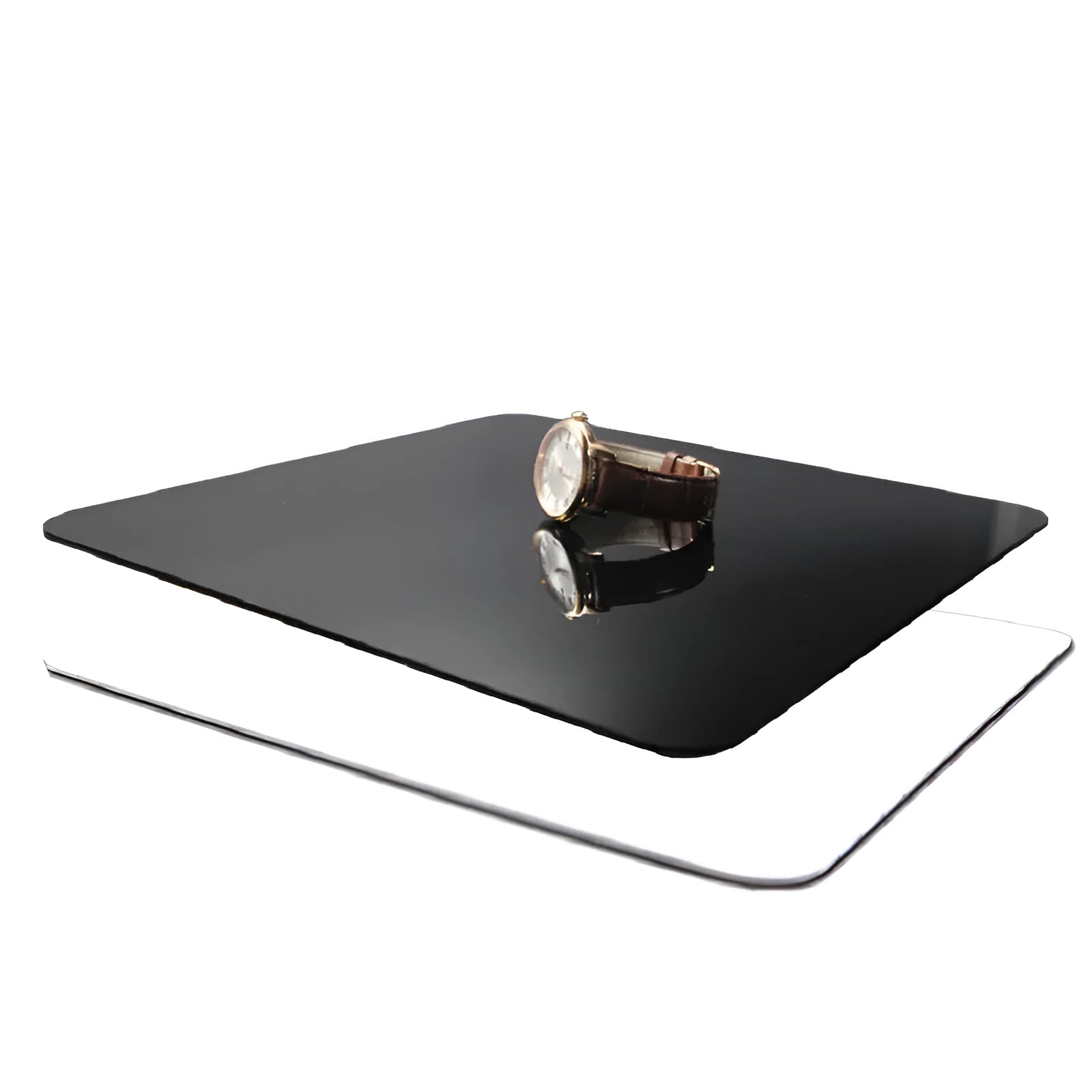 Black and white square acrylic reflection boards for tabletop product photography in three sizes.